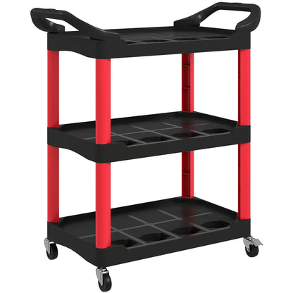 Workshop Rolling Cart with 3 Shelves, Tool Cart with Handle, Hook Holes for Tool Assembly Cart for Garage, Warehouse, max. 91 kg Load Capacity, Red+Black