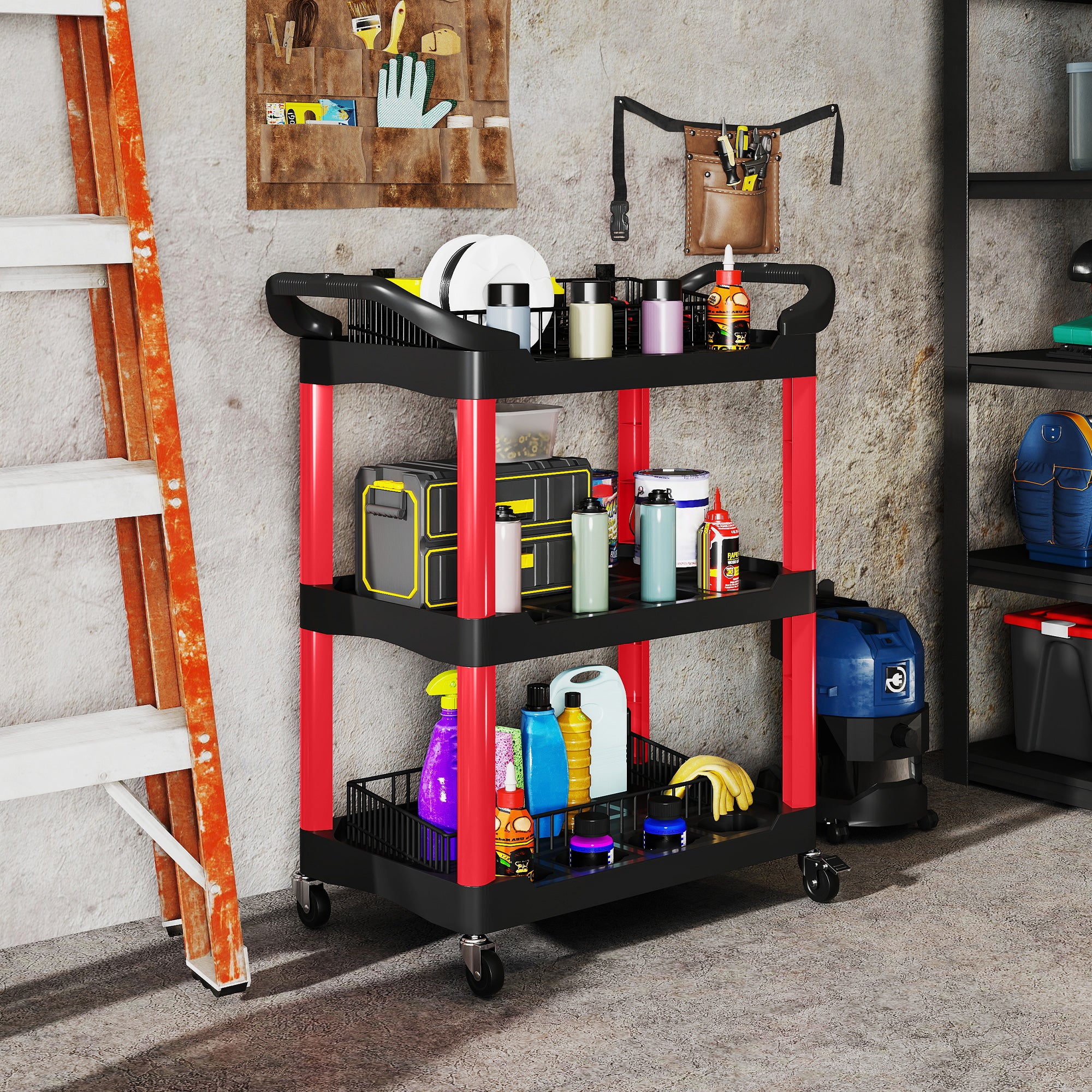 Workshop Rolling Cart with 3 Shelves, Tool Cart with Handle, Hook Holes for Tool Assembly Cart for Garage, Warehouse, max. 91 kg Load Capacity, Red+Black