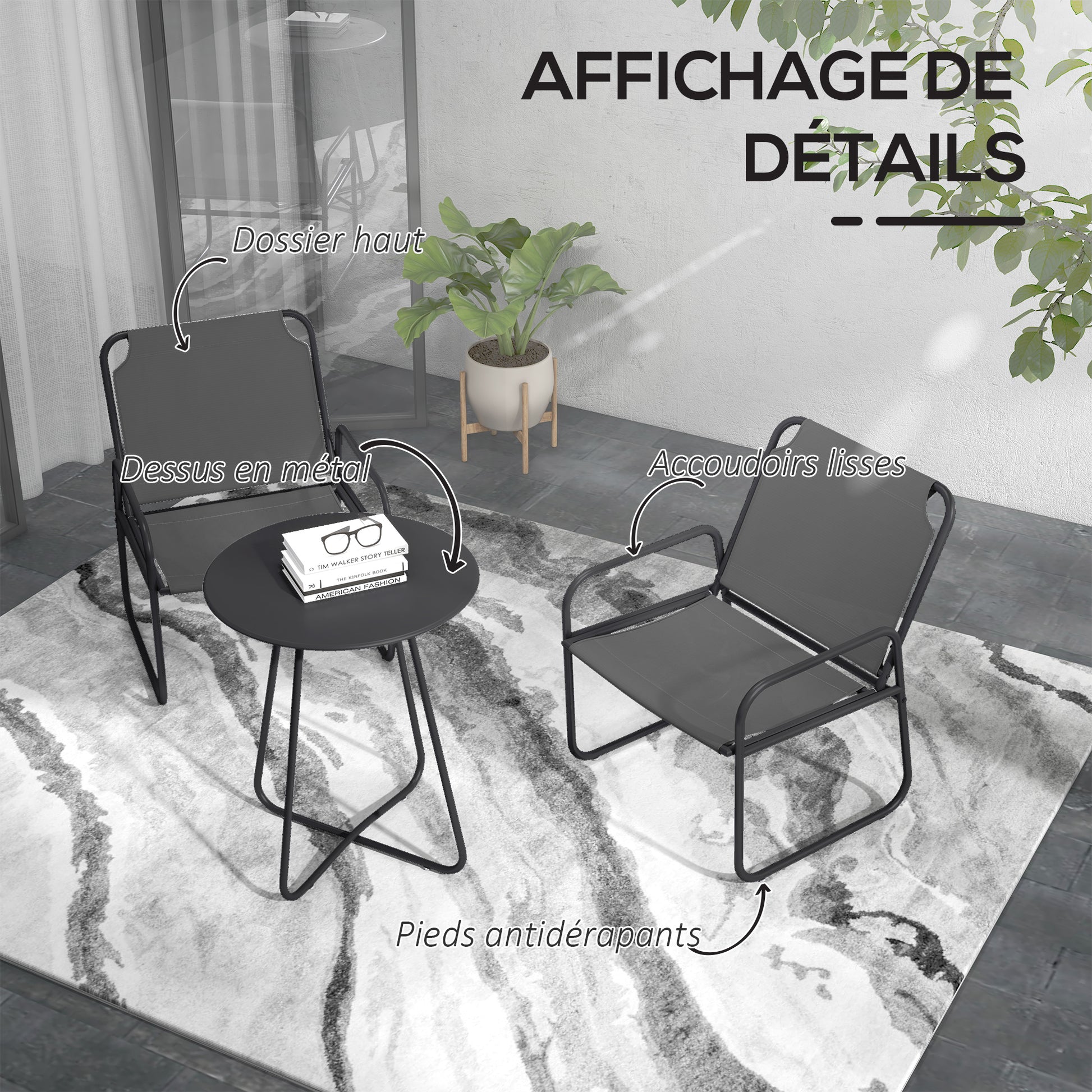 3-Piece Garden Set, Patio Furniture, 2 Chairs 1 Round Table, Steel and Breathable Fabric, Gray