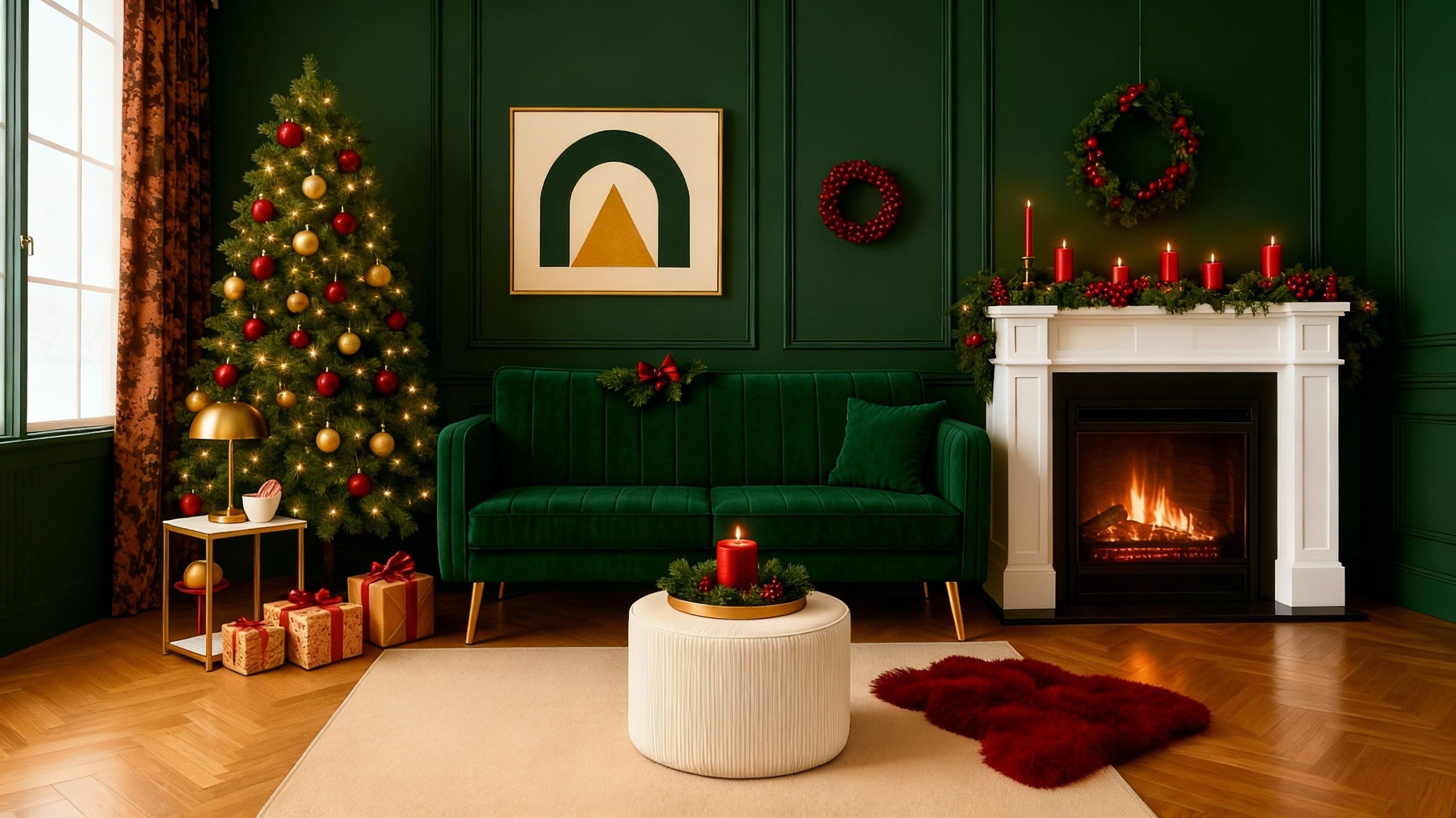 Cozy living room with a Christmas tree, green sofa, and fireplace.