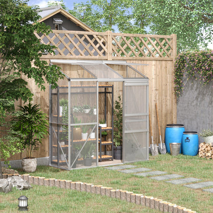 Greenhouse, Lean-To Greenhouse with Sliding Door, Folding Roof Windows, Tomato House, Plant House for Garden, made of Polycarbonate and Aluminum, Silver, 192 x 68 x 196 cm