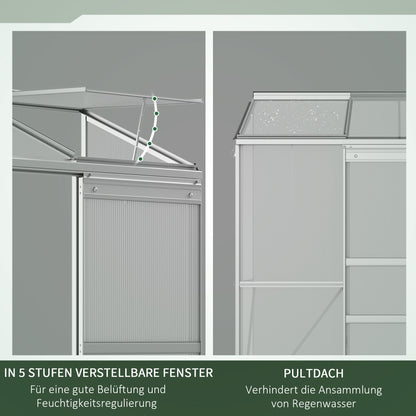 Greenhouse, Lean-To Greenhouse with Sliding Door, Folding Roof Windows, Tomato House, Plant House for Garden, made of Polycarbonate and Aluminum, Silver, 192 x 68 x 196 cm