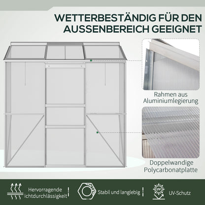Greenhouse, Lean-To Greenhouse with Sliding Door, Folding Roof Windows, Tomato House, Plant House for Garden, made of Polycarbonate and Aluminum, Silver, 192 x 68 x 196 cm