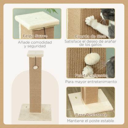 Cat Scratching Post Height 31.9 inches Cat Scratcher with Jute Post and Hanging Ball 16.1x16.1x31.9 inches Beige