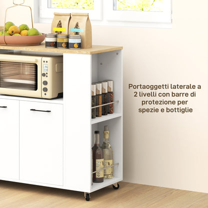 Kitchen Trolley with Open Shelf, 2-Door Cabinet and 2-Tier Side Shelf, Multi-Purpose Trolley with Adjustable Wooden Shelf, 75x40x80.5 cm, White and Oak Color