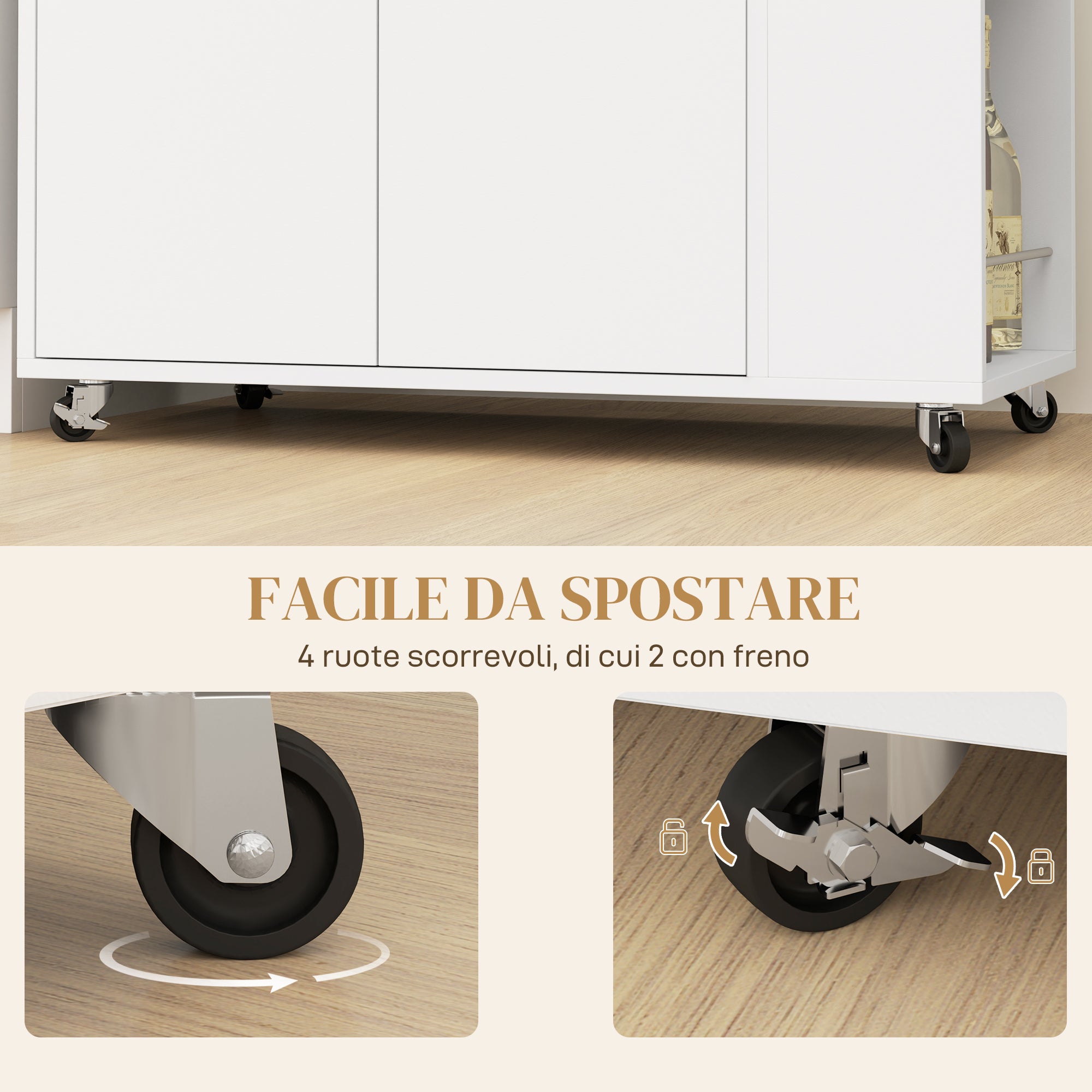 Kitchen Trolley with Open Shelf, 2-Door Cabinet and 2-Tier Side Shelf, Multi-Purpose Trolley with Adjustable Wooden Shelf, 75x40x80.5 cm, White and Oak Color