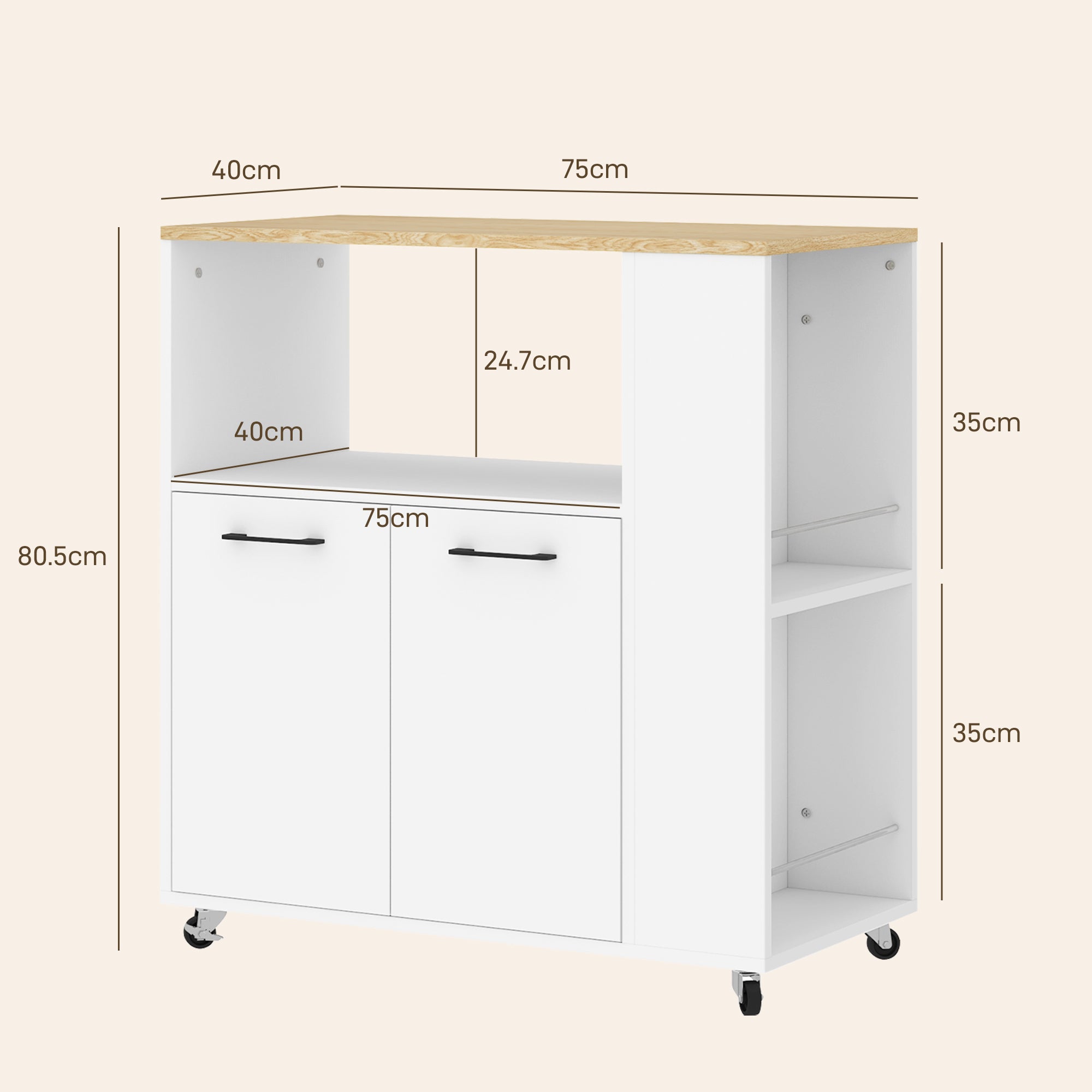 Kitchen Trolley with Open Shelf, 2-Door Cabinet and 2-Tier Side Shelf, Multi-Purpose Trolley with Adjustable Wooden Shelf, 75x40x80.5 cm, White and Oak Color