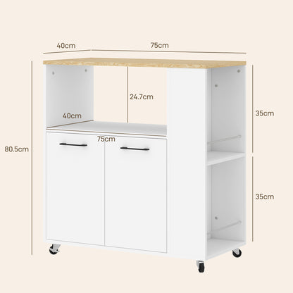 Kitchen Trolley with Open Shelf, 2-Door Cabinet and 2-Tier Side Shelf, Multi-Purpose Trolley with Adjustable Wooden Shelf, 75x40x80.5 cm, White and Oak Color