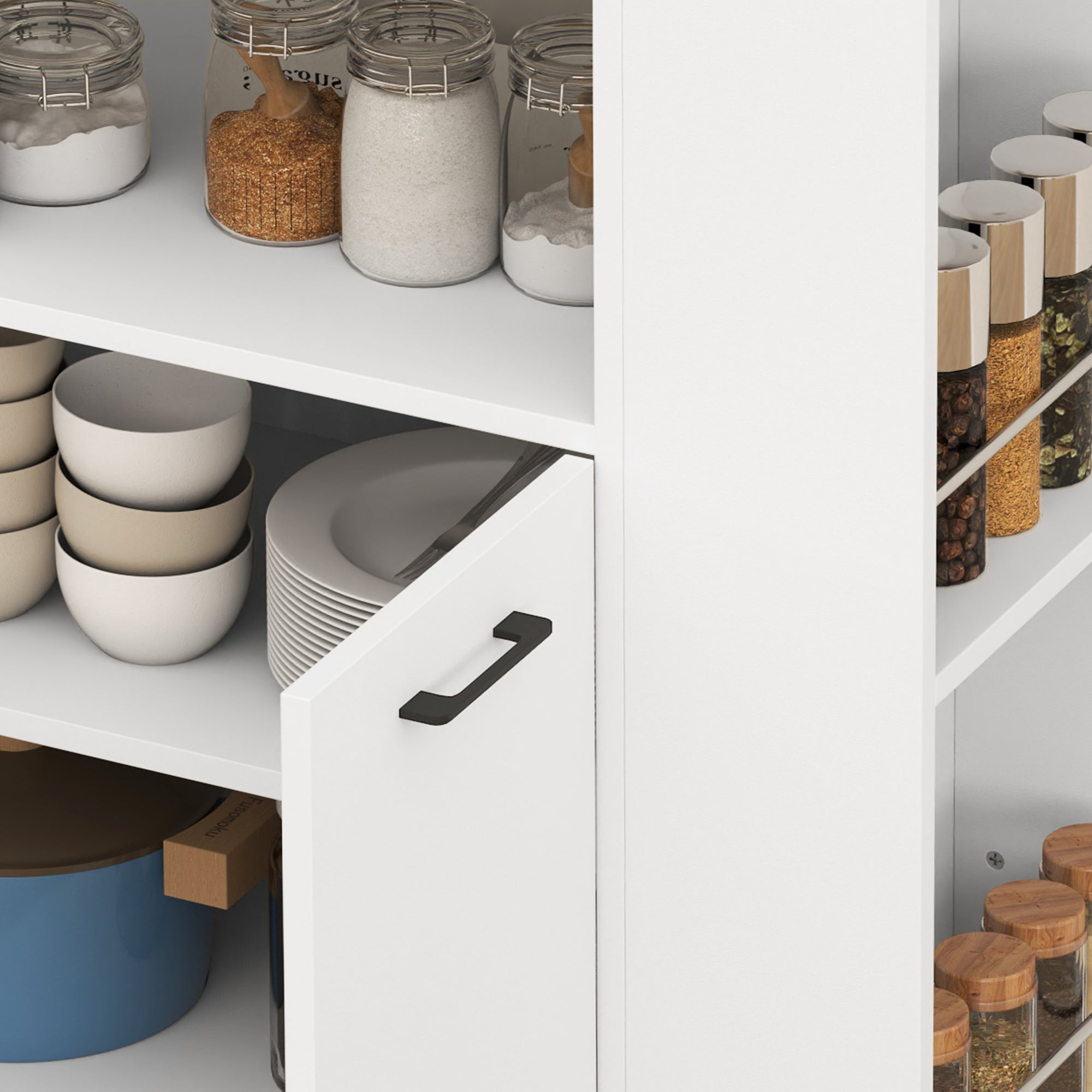 Kitchen Trolley with Open Shelf, 2-Door Cabinet and 2-Tier Side Shelf, Multi-Purpose Trolley with Adjustable Wooden Shelf, 75x40x80.5 cm, White and Oak Color