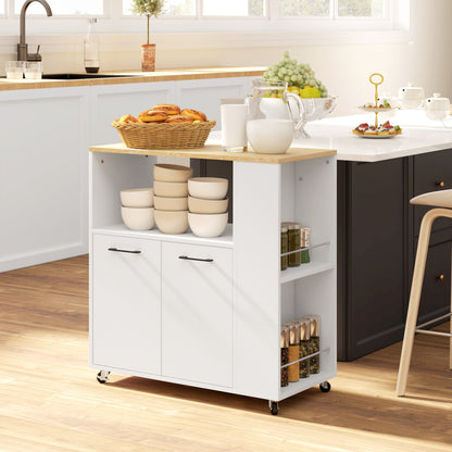 Kitchen Trolley with Open Shelf, 2-Door Cabinet and 2-Tier Side Shelf, Multi-Purpose Trolley with Adjustable Wooden Shelf, 75x40x80.5 cm, White and Oak Color