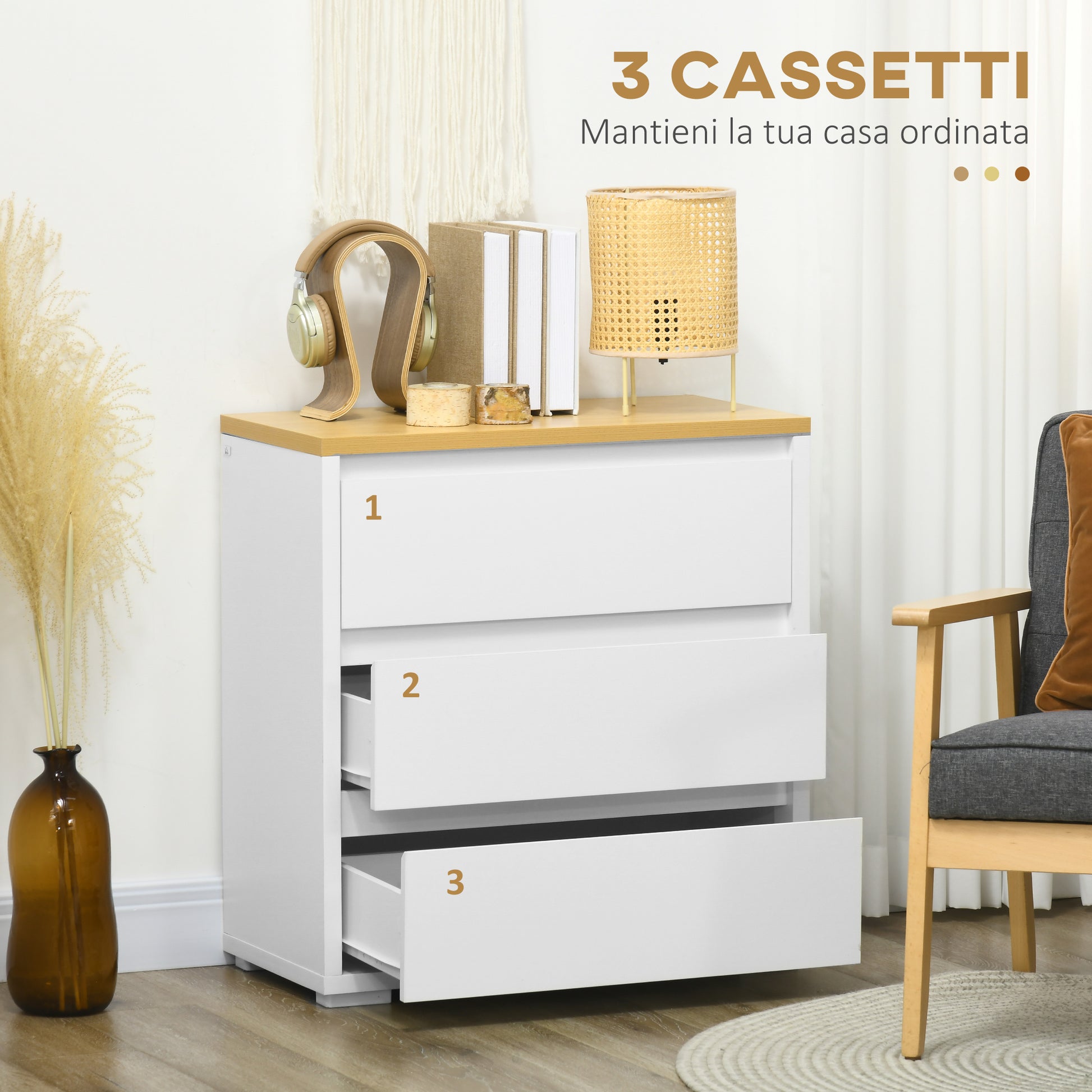 3-Drawer White Particleboard Dresser for Bedroom, Study, and Living Room, 70x37x75cm