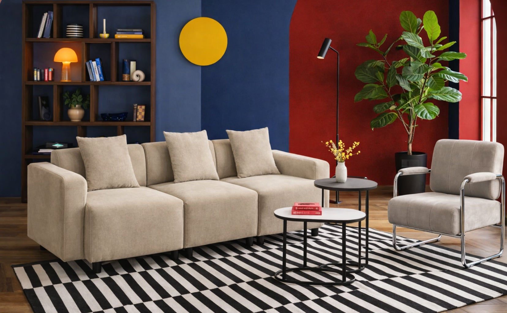 Modern living room with a beige sofa, armchair, and decorative elements.