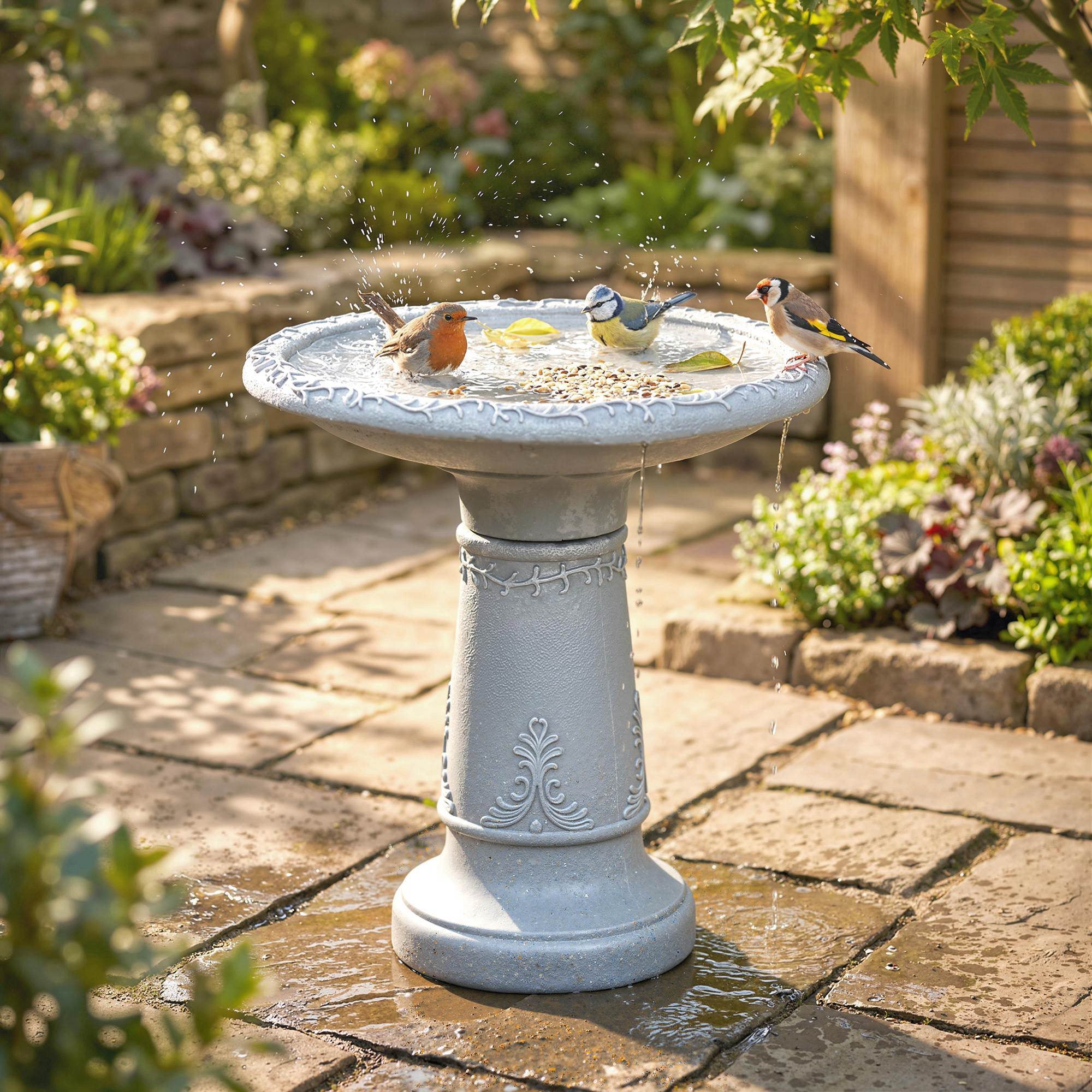 Resin Stone-Look Bird Bath, 20 in (51 cm) — Freestanding Garden Feeder & Bath, Gray