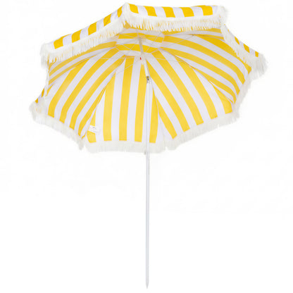 Boho Fringe Beach Umbrella, 71" Canopy, Adjustable Height & 30° Tilt, Sand Anchor and Carry Bag — Yellow & White