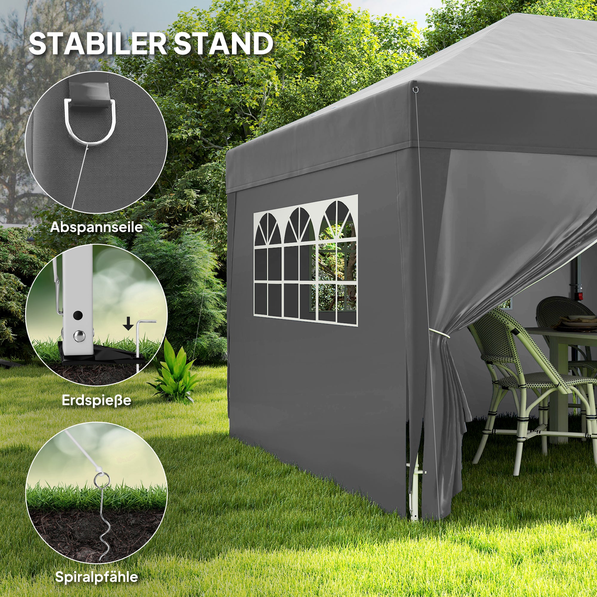 Gazebo approx. 6 x 3 m — Robust, Winter-Resistant Pop-Up Folding Canopy with Windowed Zip Door & Removable Side Panels, UV Protection, Black