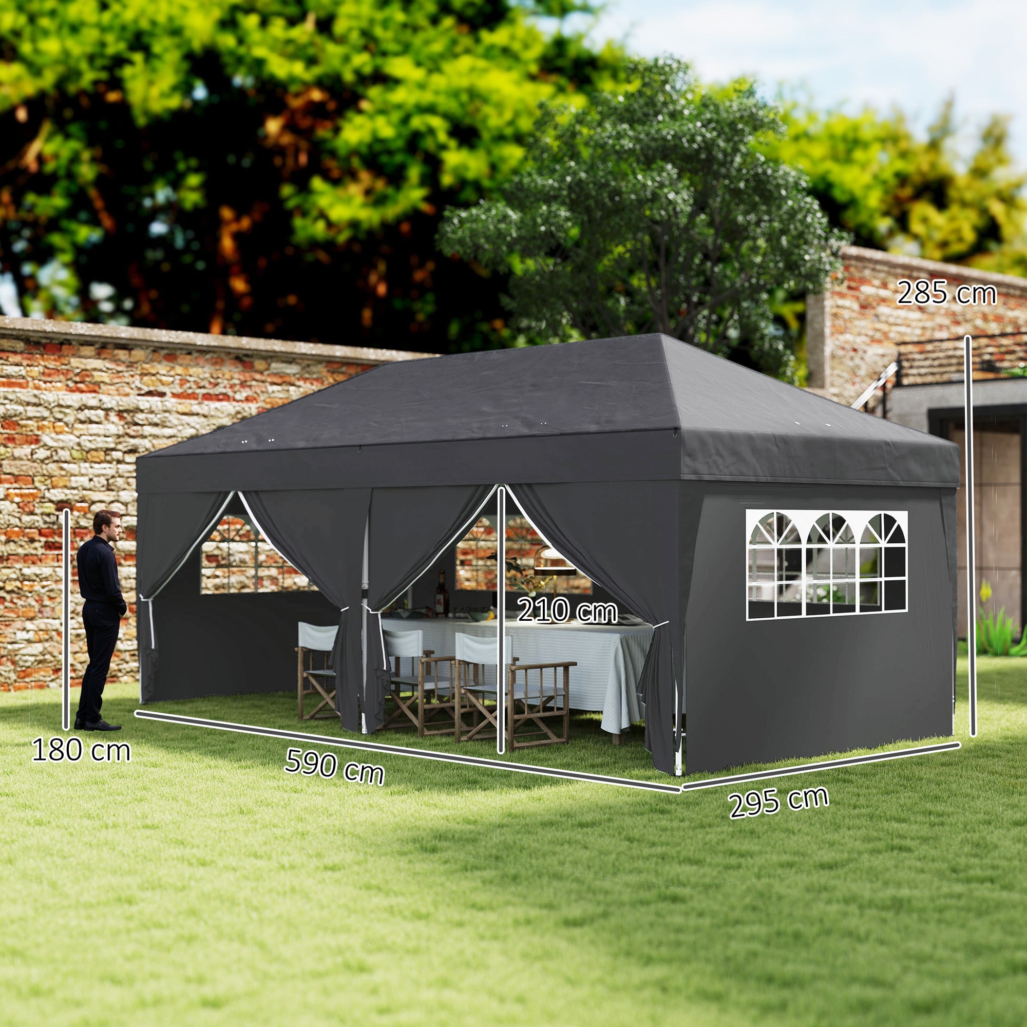 Gazebo approx. 6 x 3 m — Robust, Winter-Resistant Pop-Up Folding Canopy with Windowed Zip Door & Removable Side Panels, UV Protection, Black
