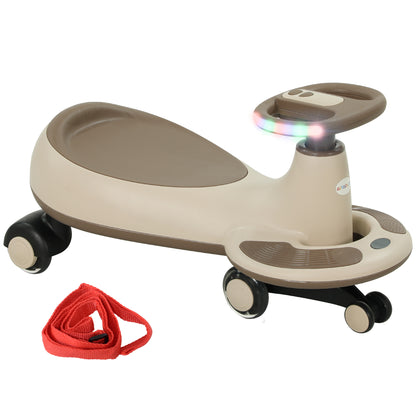 Wiggle Ride-On for Kids 2+ Years Old with Pulling Rope for Parents Music Light and Storage Space 69x31x69 cm Khaki