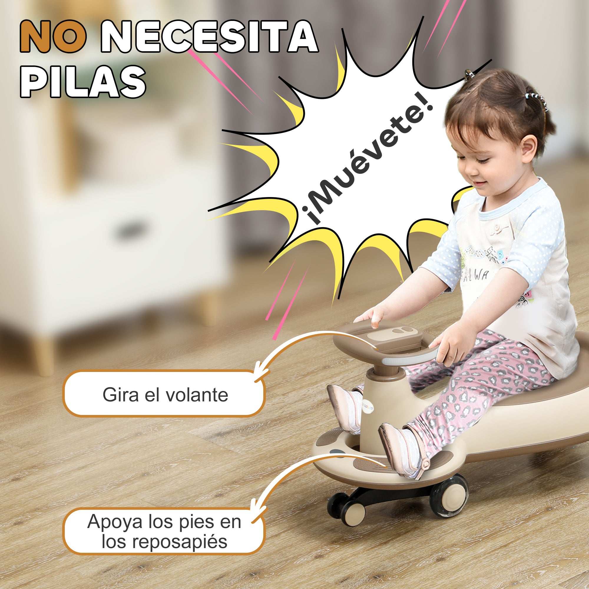 Wiggle Ride-On for Kids 2+ Years Old with Pulling Rope for Parents Music Light and Storage Space 69x31x69 cm Khaki