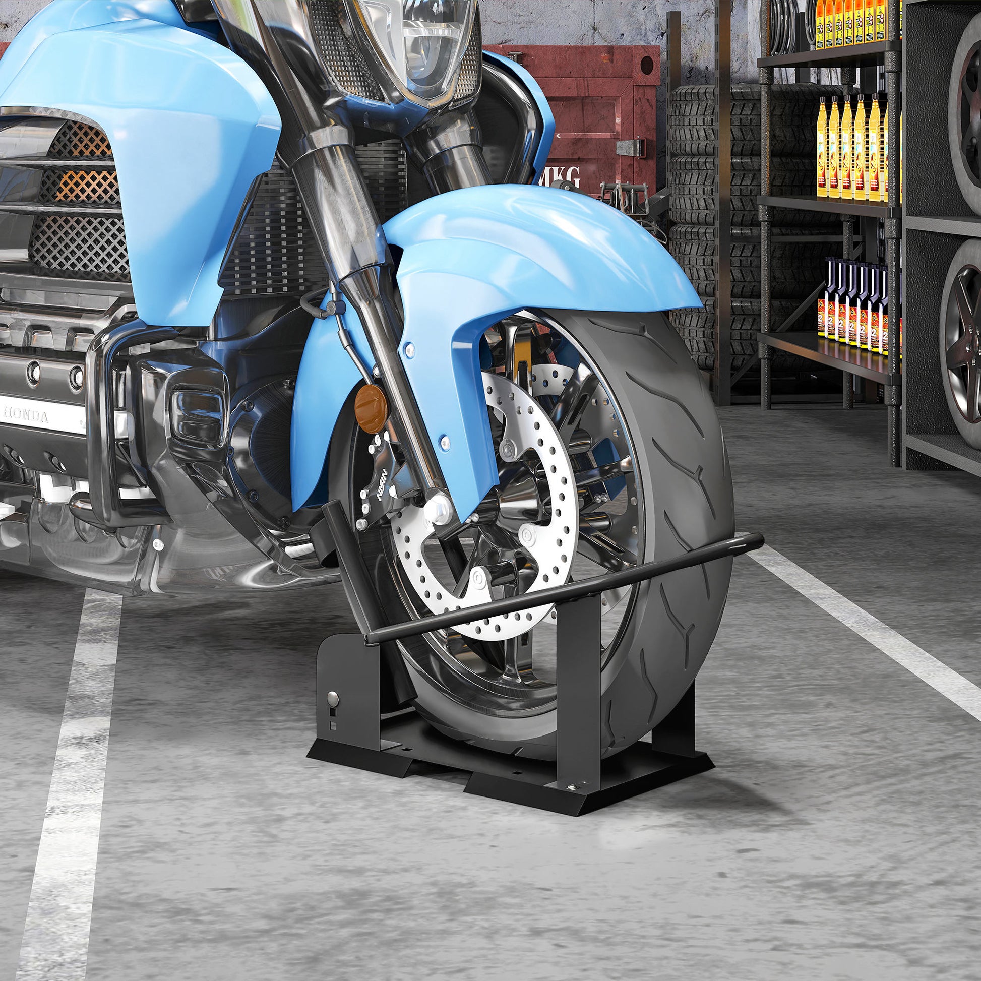 Motorcycle Stand 816.5 kg Load Front Wheel Stand for Robust Motorcycle with Adjustable Height in 3 Levels for  Ø38.1-53.34 cm Wheels Black