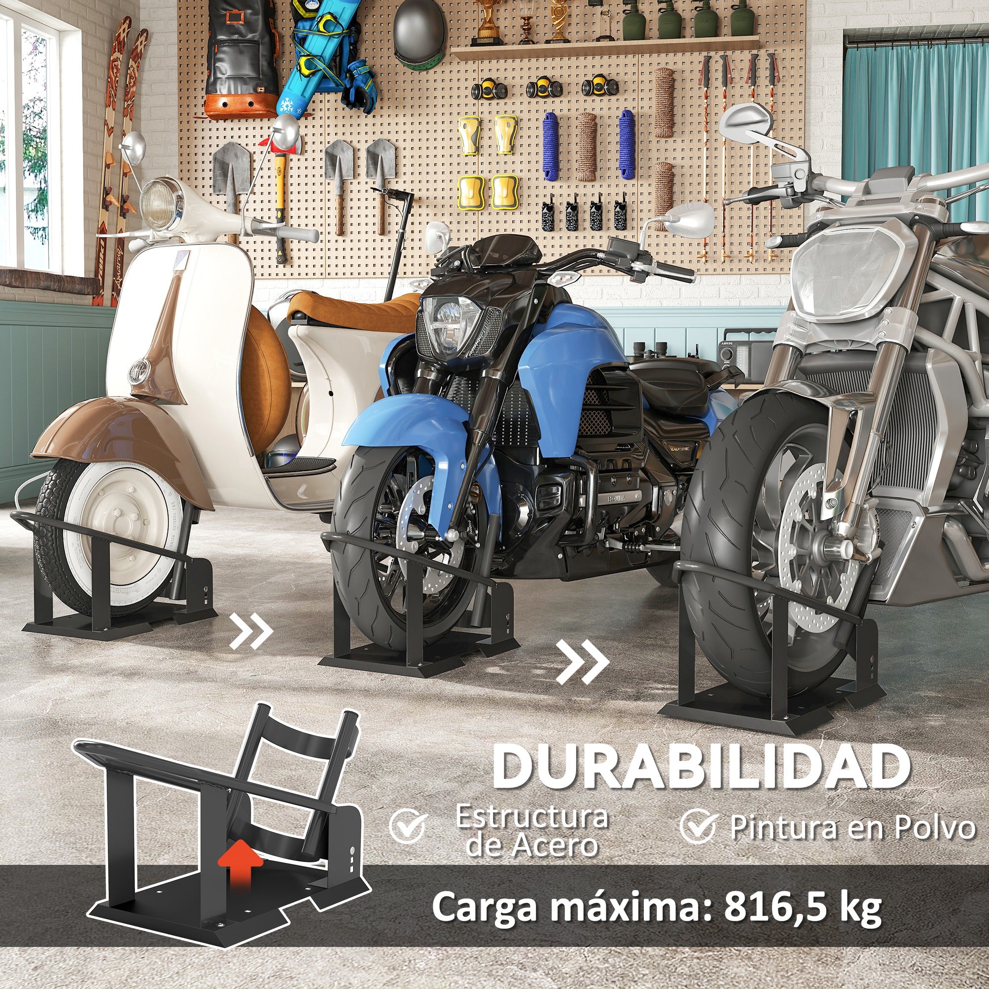 Motorcycle Stand 816.5 kg Load Front Wheel Stand for Robust Motorcycle with Adjustable Height in 3 Levels for  Ø38.1-53.34 cm Wheels Black