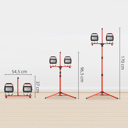 Aluminum Double LED Spotlight with Foldable Tripod 8500 Lumens IP65 6500K and Adjustable Heads for Indoor and Outdoor Work Red and Black
