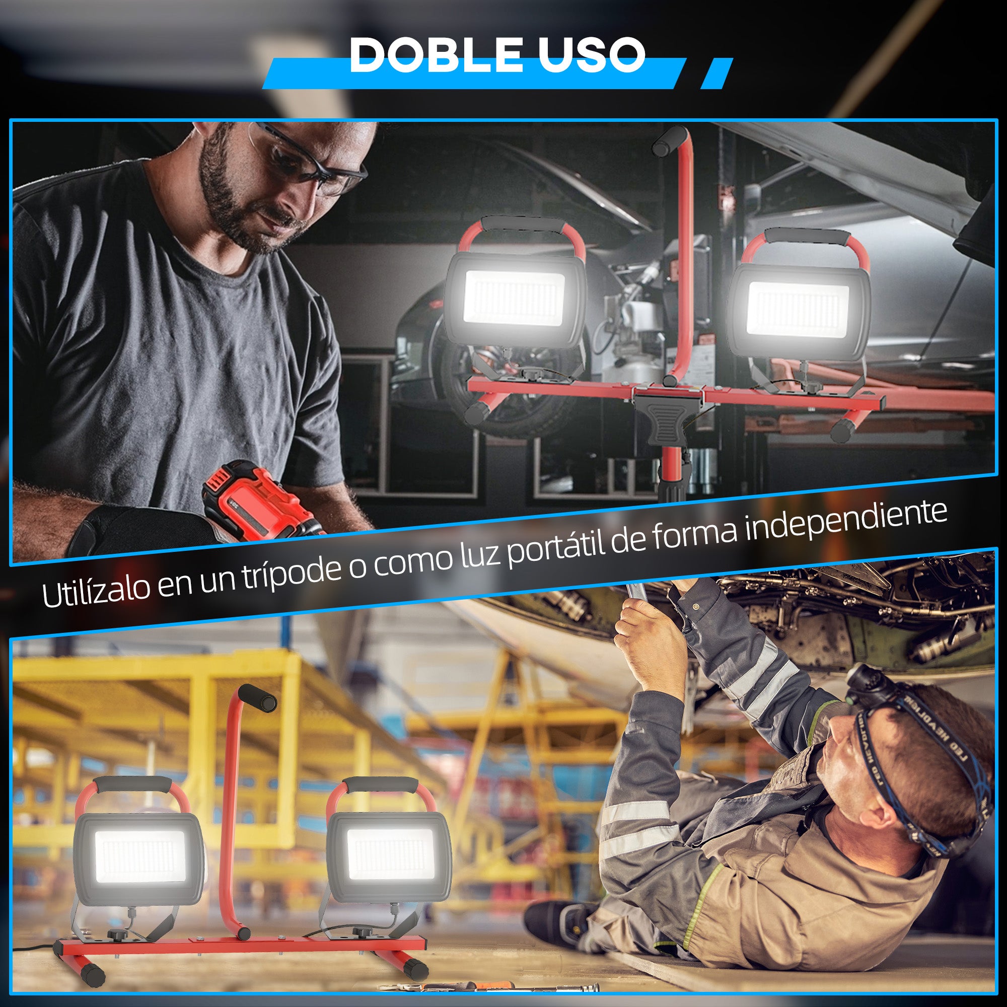Aluminum Double LED Spotlight with Foldable Tripod 8500 Lumens IP65 6500K and Adjustable Heads for Indoor and Outdoor Work Red and Black
