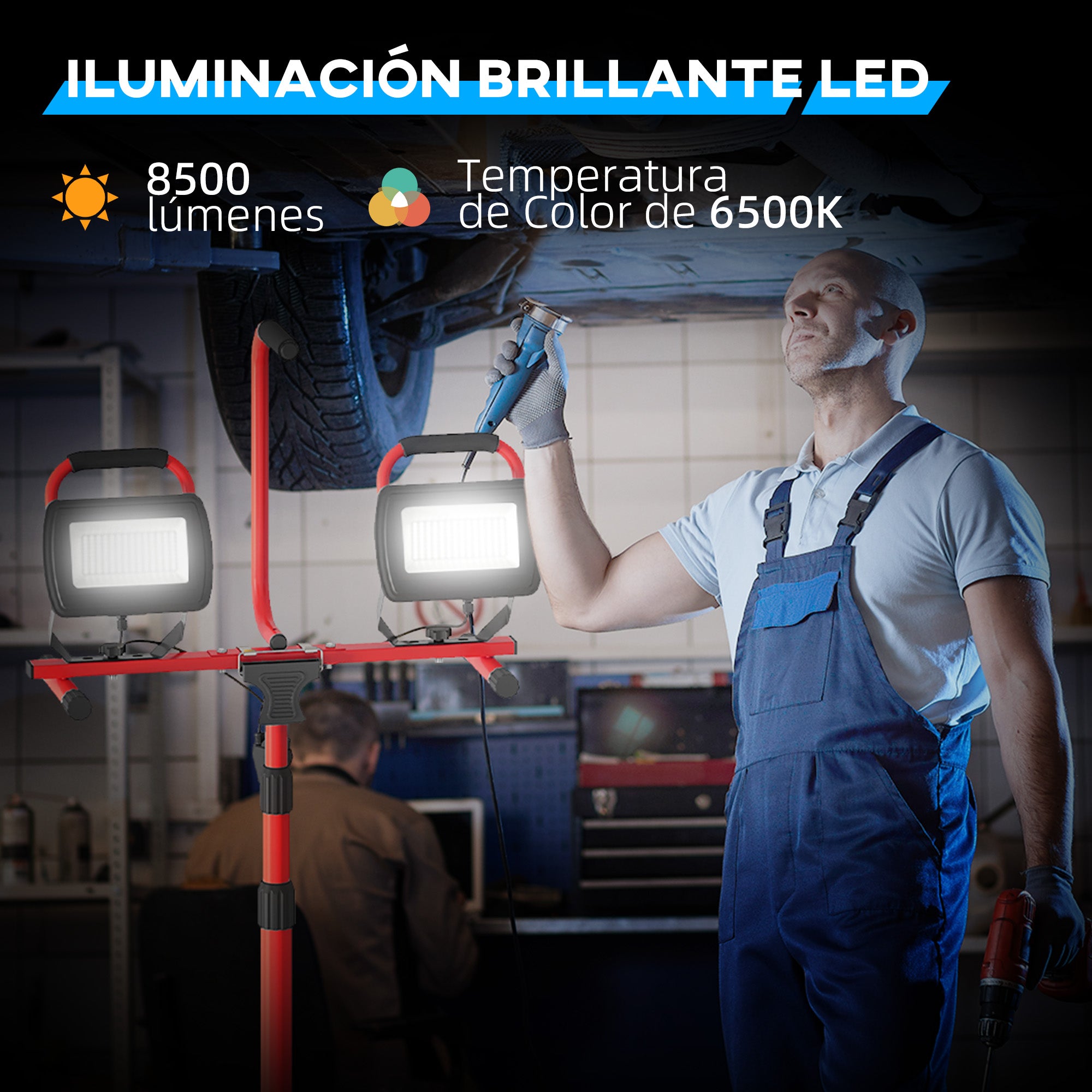 Aluminum Double LED Spotlight with Foldable Tripod 8500 Lumens IP65 6500K and Adjustable Heads for Indoor and Outdoor Work Red and Black