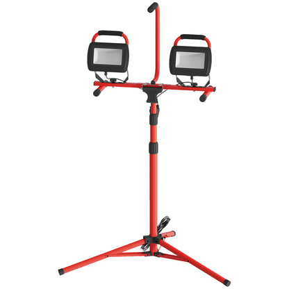 Aluminum Double LED Spotlight with Foldable Tripod 8500 Lumens IP65 6500K and Adjustable Heads for Indoor and Outdoor Work Red and Black