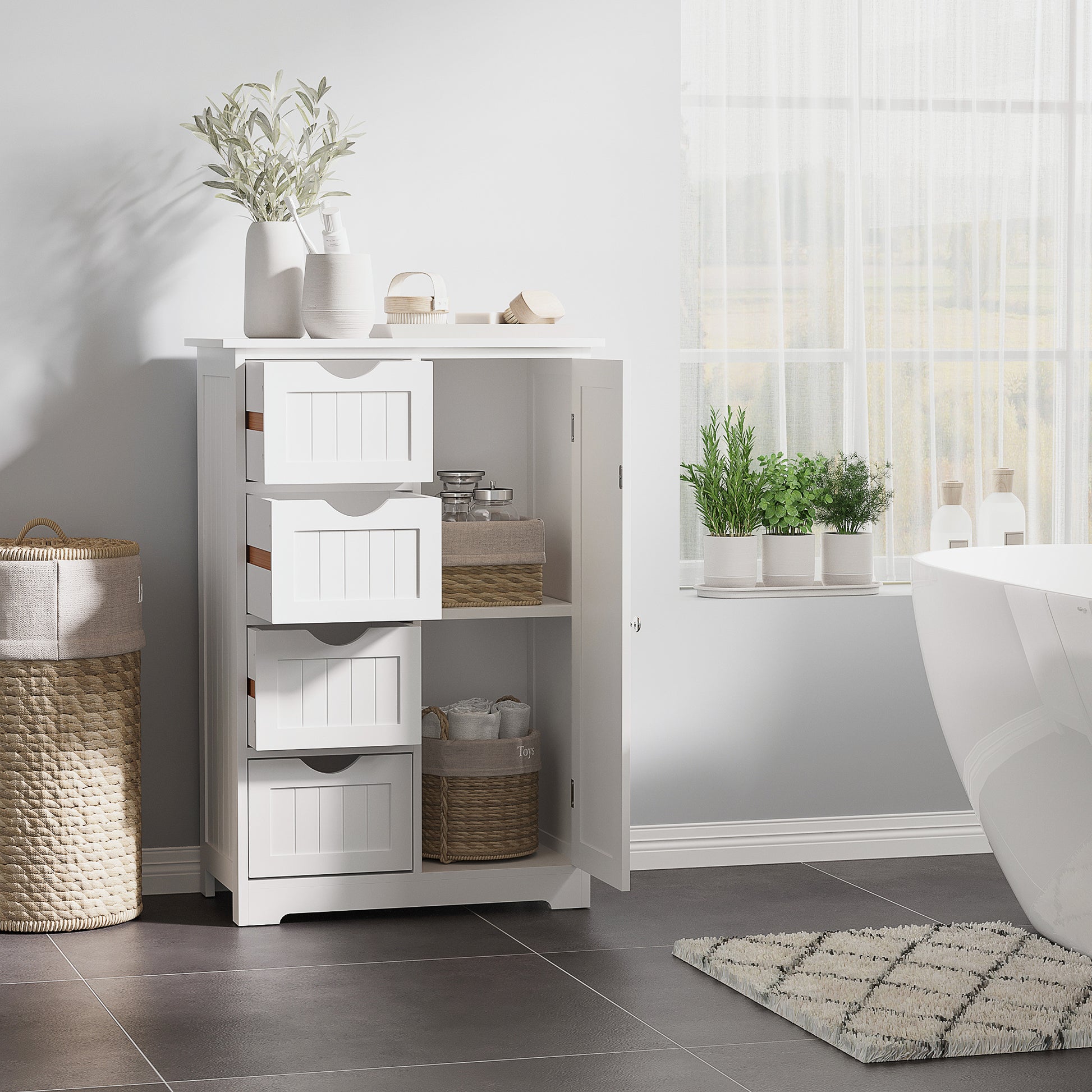 Bathroom Auxiliary Cabinet with Door 4 Drawers and Adjustable Shelf for Kitchen Living Room 56x30x83 cm White