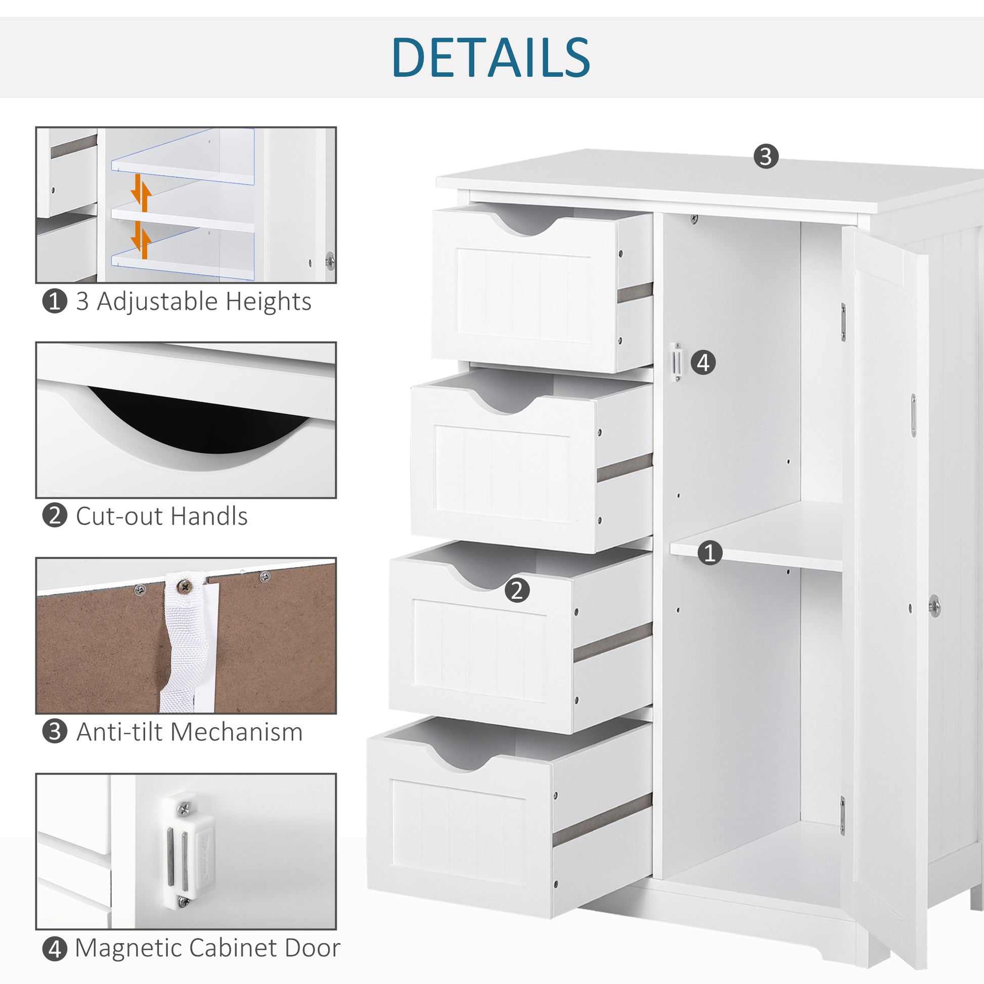 Bathroom Auxiliary Cabinet with Door 4 Drawers and Adjustable Shelf for Kitchen Living Room 56x30x83 cm White