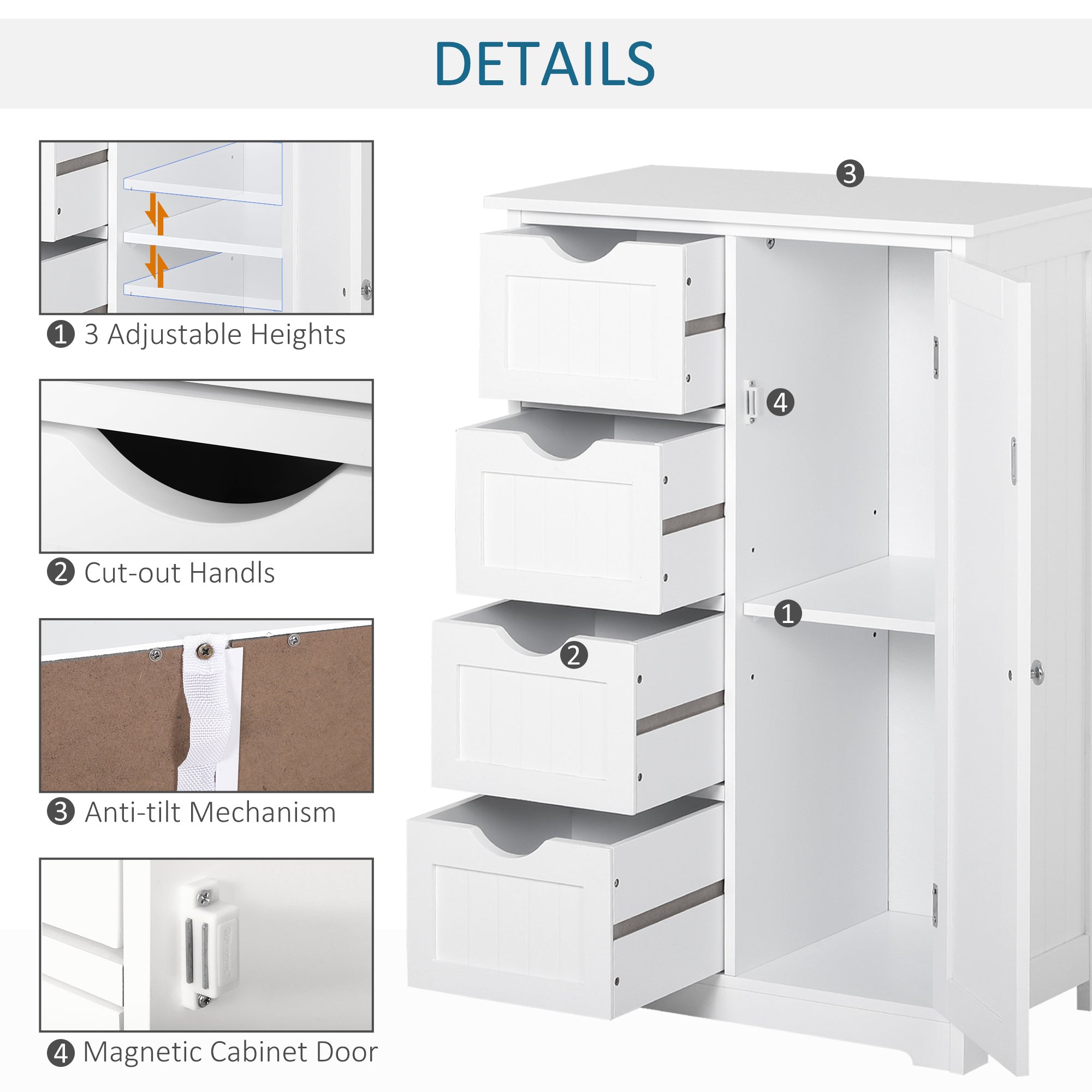 Bathroom Auxiliary Cabinet with Door 4 Drawers and Adjustable Shelf for Kitchen Living Room 56x30x83 cm White
