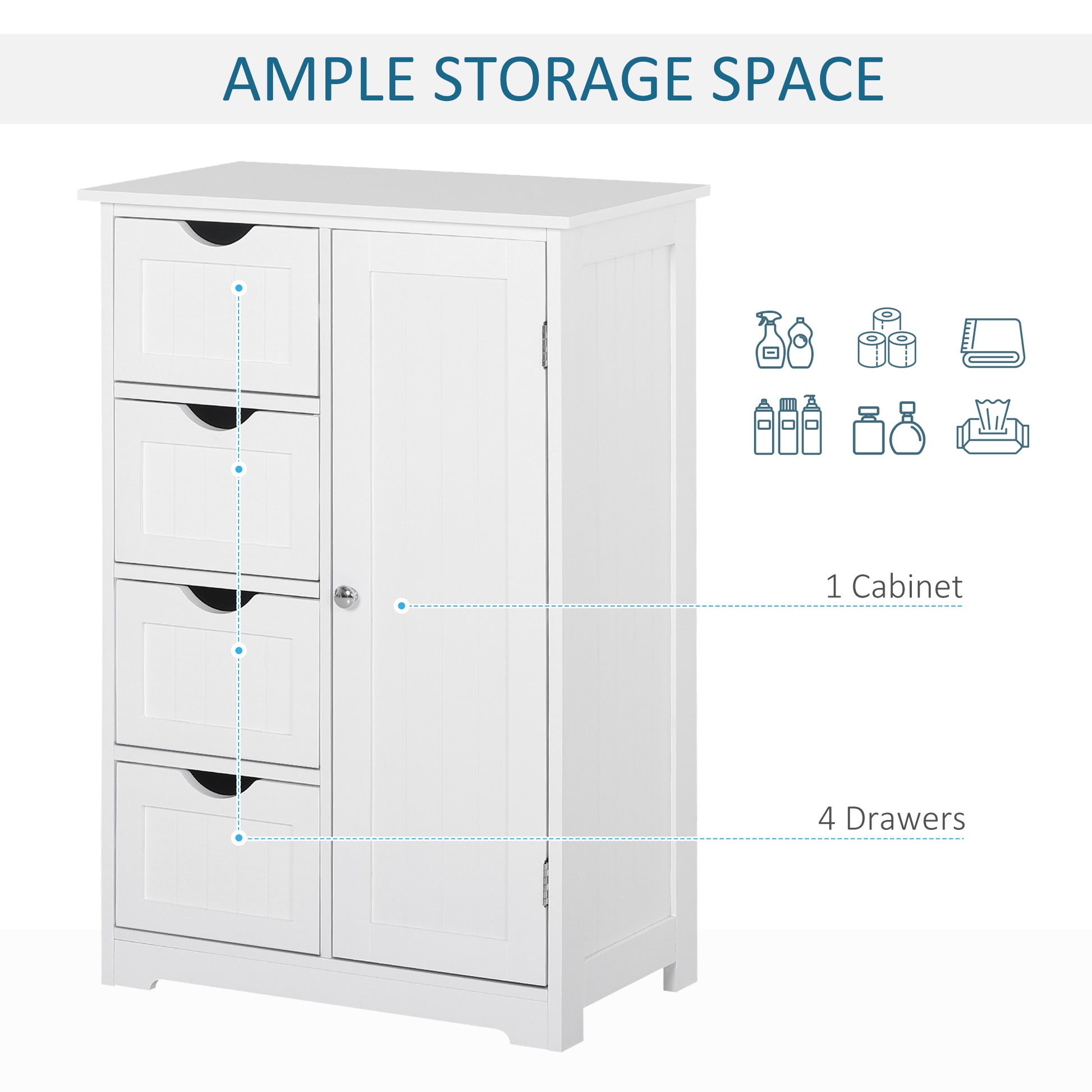 Bathroom Auxiliary Cabinet with Door 4 Drawers and Adjustable Shelf for Kitchen Living Room 56x30x83 cm White
