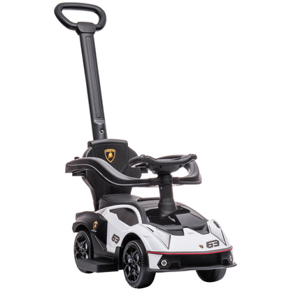 2 in 1 Lamborghini Essenza SCV12 Push Along Car for Kids 12-36 Months Walker Pusher with Horn Removable Push Handle and Safety Guardrail 86.5x40x89.5 cm White and Black
