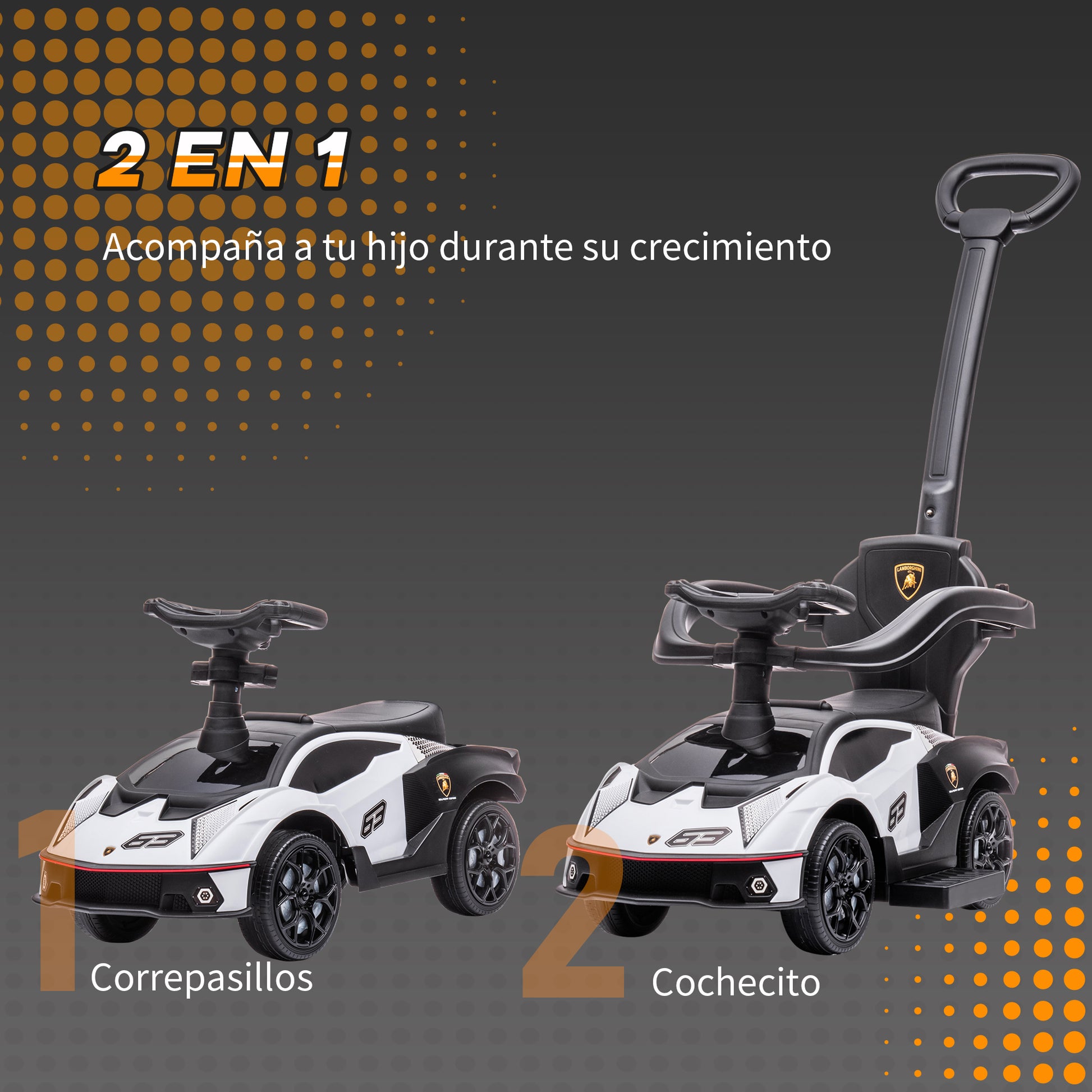 2 in 1 Lamborghini Essenza SCV12 Push Along Car for Kids 12-36 Months Walker Pusher with Horn Removable Push Handle and Safety Guardrail 86.5x40x89.5 cm White and Black