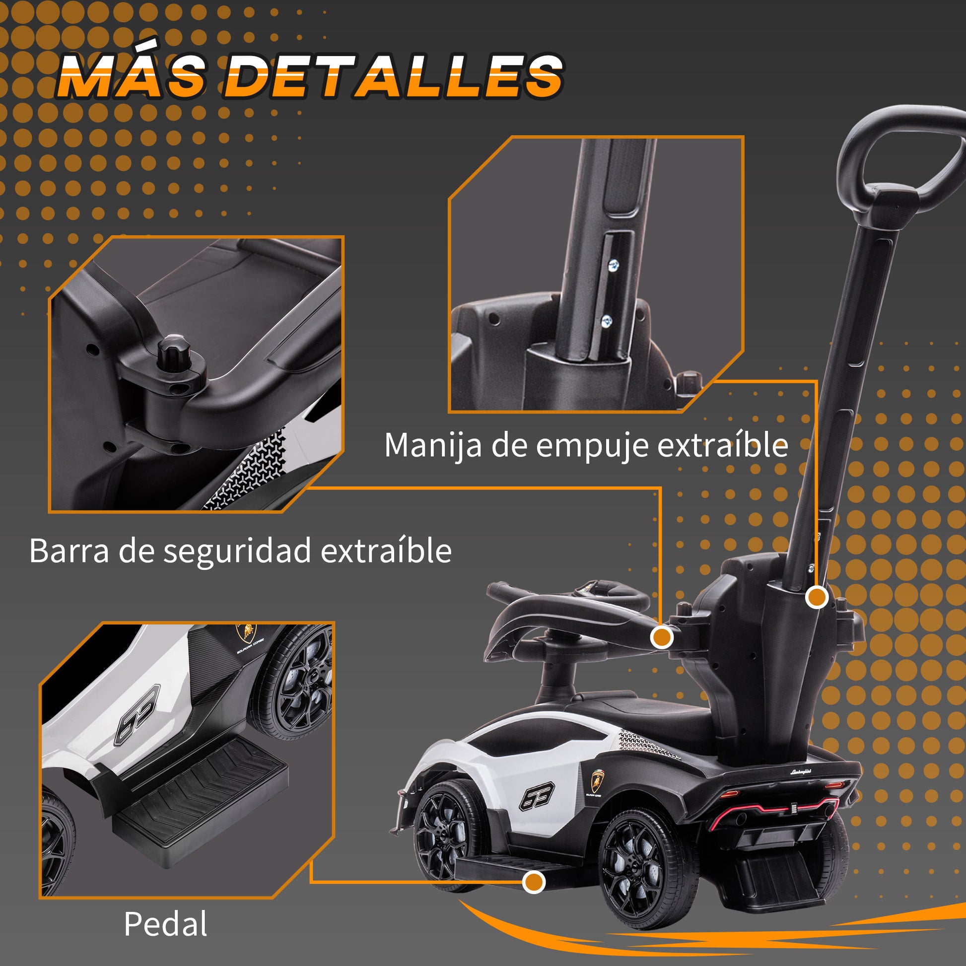 2 in 1 Lamborghini Essenza SCV12 Push Along Car for Kids 12-36 Months Walker Pusher with Horn Removable Push Handle and Safety Guardrail 86.5x40x89.5 cm White and Black