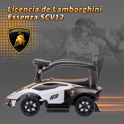 2 in 1 Lamborghini Essenza SCV12 Push Along Car for Kids 12-36 Months Walker Pusher with Horn Removable Push Handle and Safety Guardrail 86.5x40x89.5 cm White and Black