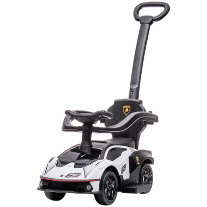 2 in 1 Lamborghini Essenza SCV12 Push Along Car for Kids 12-36 Months Walker Pusher with Horn Removable Push Handle and Safety Guardrail 86.5x40x89.5 cm White and Black