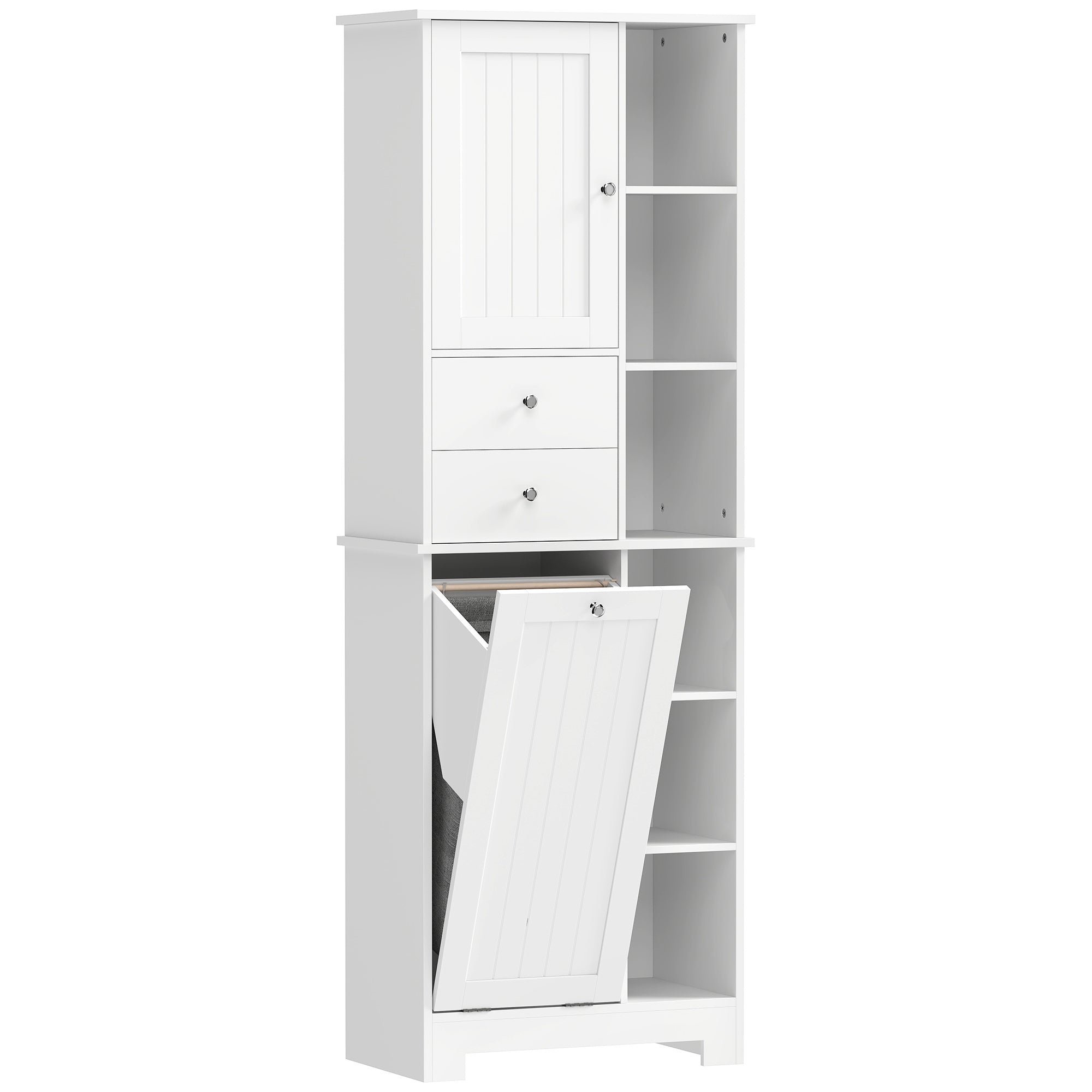 Narrow Bathroom Cabinet, Tall Storage with Pull-Out Laundry Basket, Open Shelf, 2 Drawers and Soft-Close Doors for Bathroom & Kitchen, White, 23.6 x 11.3 x 67.3 in (60 x 28.8 x 171 cm)