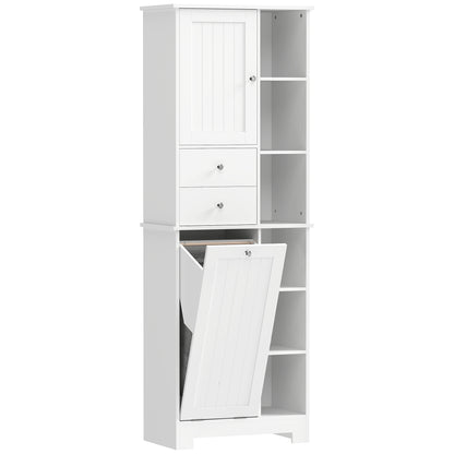 Narrow Bathroom Cabinet, Tall Storage with Pull-Out Laundry Basket, Open Shelf, 2 Drawers and Soft-Close Doors for Bathroom & Kitchen, White, 23.6 x 11.3 x 67.3 in (60 x 28.8 x 171 cm)