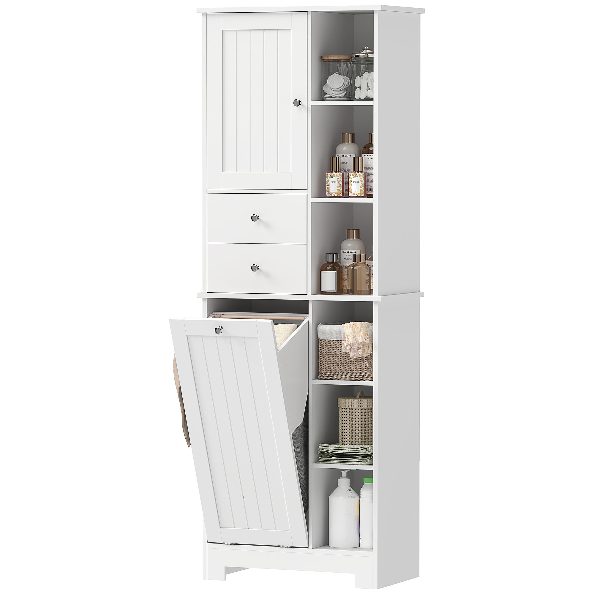 Narrow Bathroom Cabinet, Tall Storage with Pull-Out Laundry Basket, Open Shelf, 2 Drawers and Soft-Close Doors for Bathroom & Kitchen, White, 23.6 x 11.3 x 67.3 in (60 x 28.8 x 171 cm)