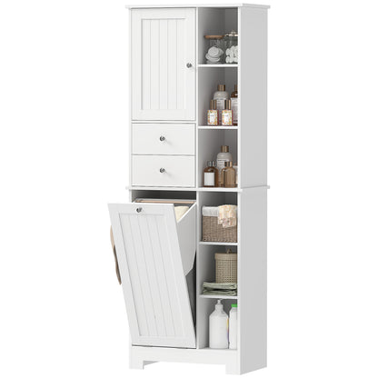 Narrow Bathroom Cabinet, Tall Storage with Pull-Out Laundry Basket, Open Shelf, 2 Drawers and Soft-Close Doors for Bathroom & Kitchen, White, 23.6 x 11.3 x 67.3 in (60 x 28.8 x 171 cm)