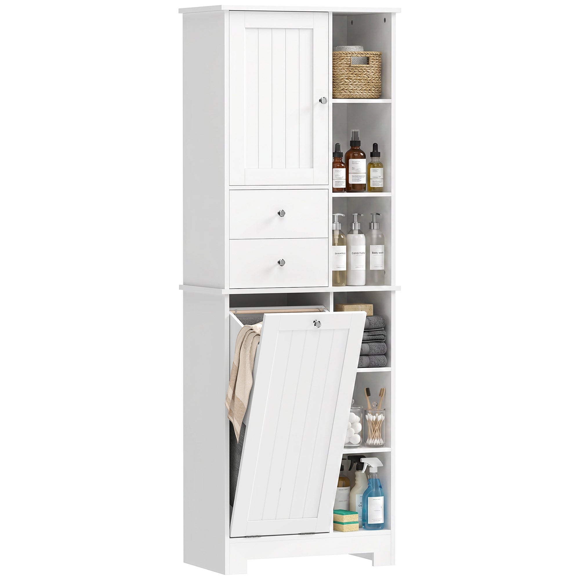 Narrow Bathroom Cabinet, Tall Storage with Pull-Out Laundry Basket, Open Shelf, 2 Drawers and Soft-Close Doors for Bathroom & Kitchen, White, 23.6 x 11.3 x 67.3 in (60 x 28.8 x 171 cm)