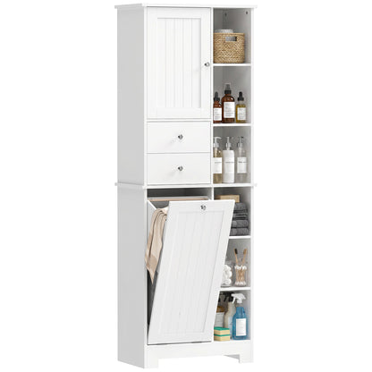 Narrow Bathroom Cabinet, Tall Storage with Pull-Out Laundry Basket, Open Shelf, 2 Drawers and Soft-Close Doors for Bathroom & Kitchen, White, 23.6 x 11.3 x 67.3 in (60 x 28.8 x 171 cm)