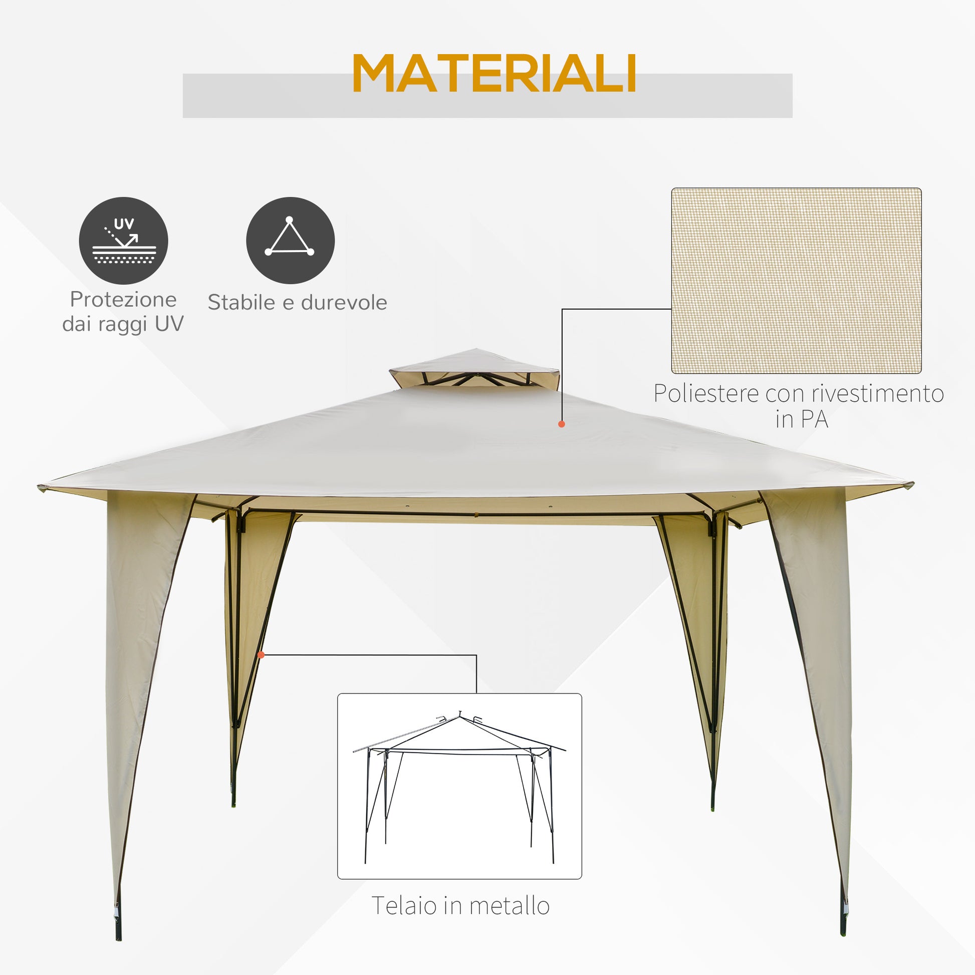 3.5x3.5x2.7 m Metal and Polyester Garden Gazebo in Beige with Double Roof