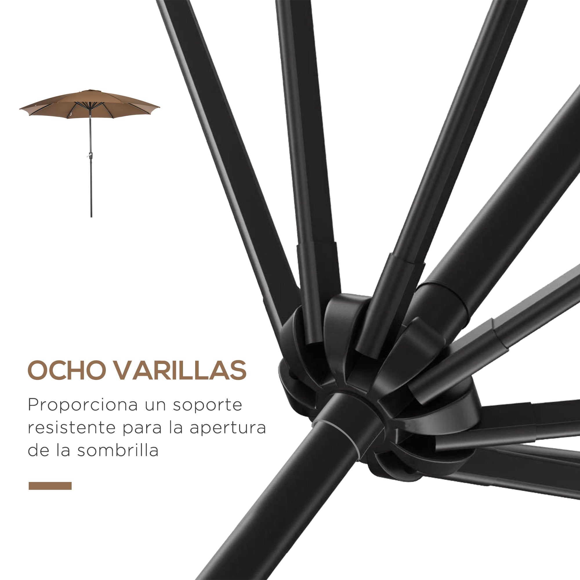 Garden Umbrella Ø300x252 cm Patio Sunshade with Crank Tilted Roof and 8 Metal Ribs for Outdoor Brown