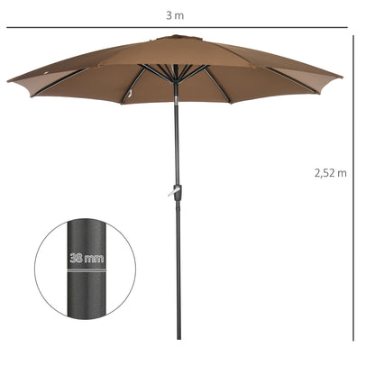Garden Umbrella Ø300x252 cm Patio Sunshade with Crank Tilted Roof and 8 Metal Ribs for Outdoor Brown