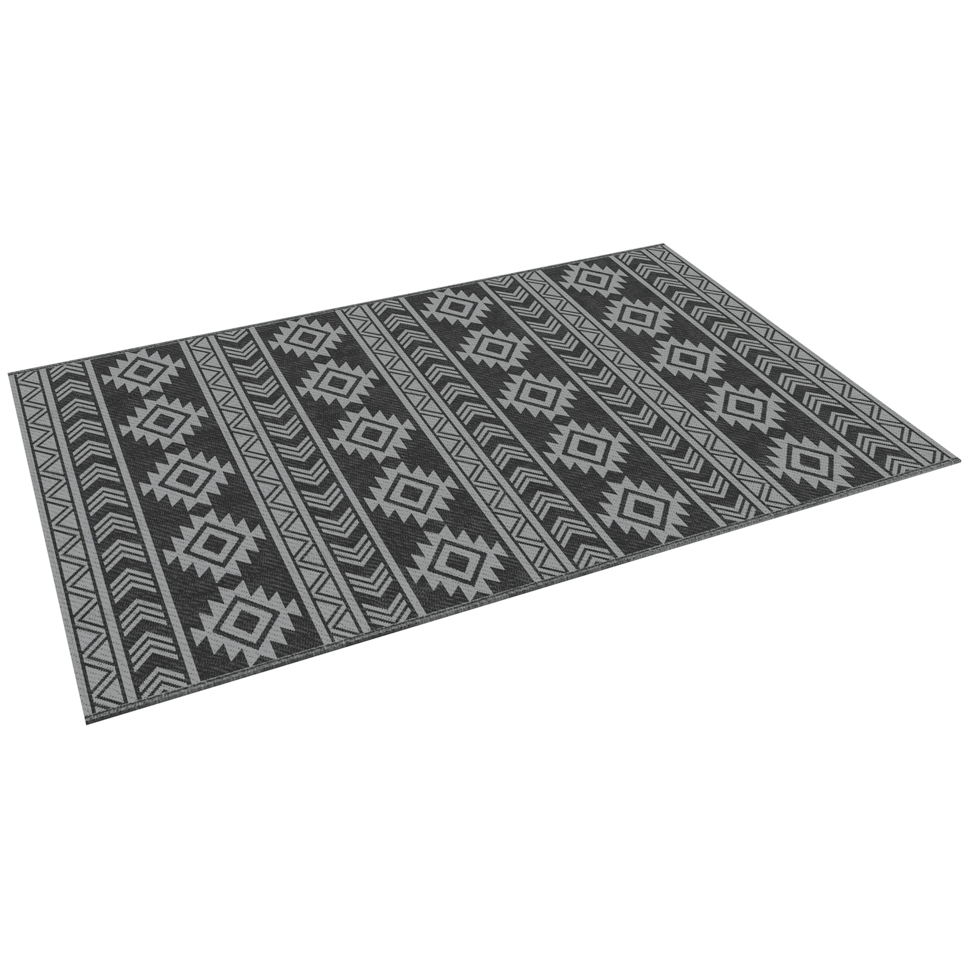 Outdoor Rug Durable Weatherproof Indoor-Outdoor Rug with Geometric Design, Flat Weave Outdoor Rug for Balcony Garden Patio Bathroom Hallway Kitchen 182 x 274 cm Black+Gray