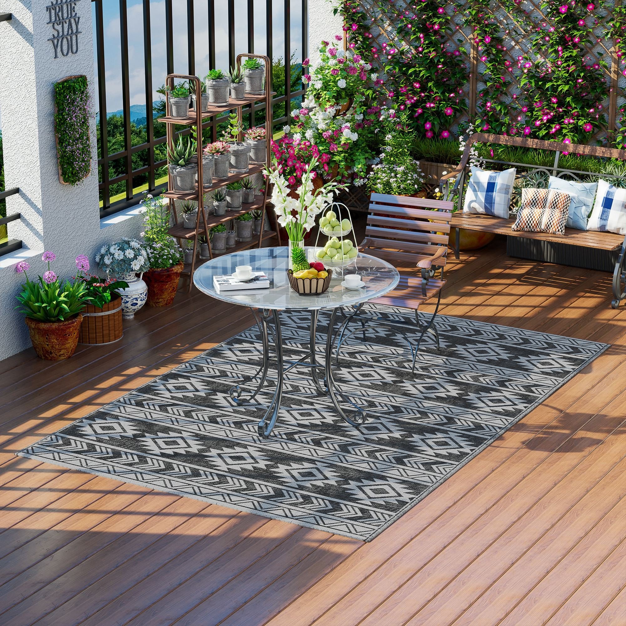 Outdoor Rug Durable Weatherproof Indoor-Outdoor Rug with Geometric Design, Flat Weave Outdoor Rug for Balcony Garden Patio Bathroom Hallway Kitchen 182 x 274 cm Black+Gray