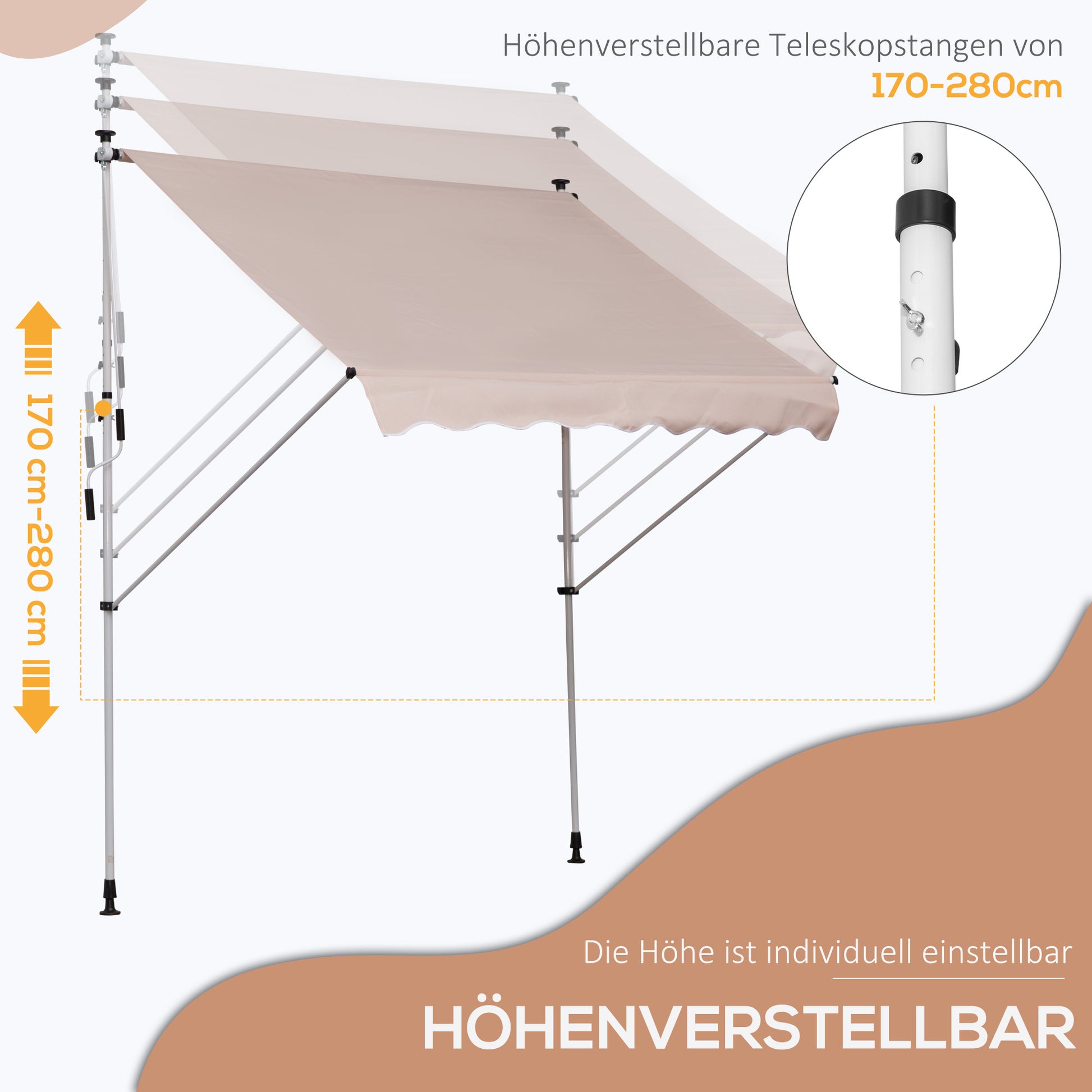 Clamp Awning with Hand Crank Adjustable Height Articulated Arm Awning Dirt-Repellent, Weather-Resistant Balcony Awning 150cm Wide Patio Awning for Patio Balcony Veranda Cream White