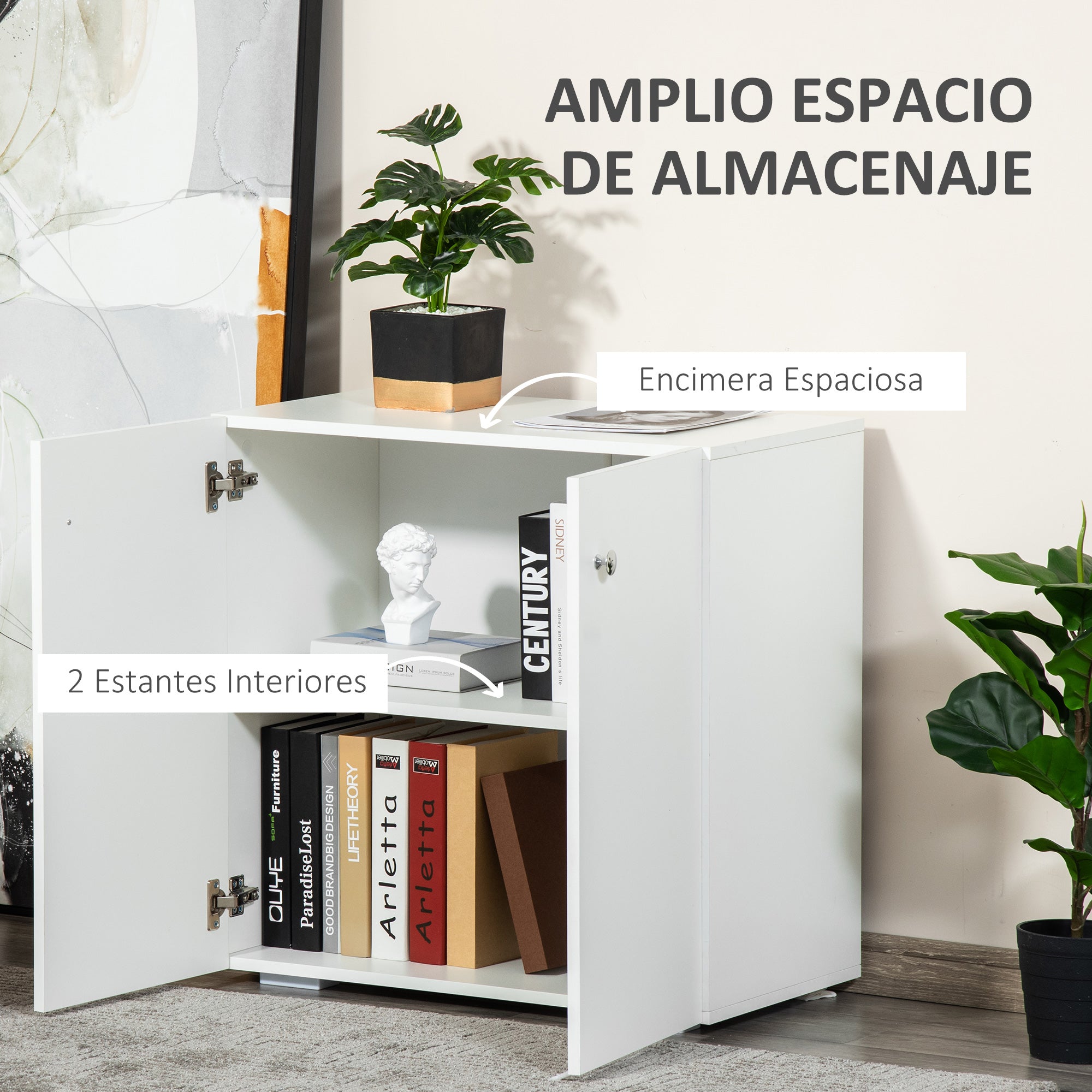 Living Room Sideboard with 2 Doors Auxiliary Cabinet with 2 Shelves for Books Clothes Toys Modern Style 70x39x70 cm White